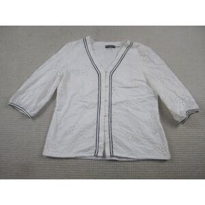 Karl Lagerfield Blouse Womens XL White Eyelet Button Casual 3/4 Sleeve Tunic